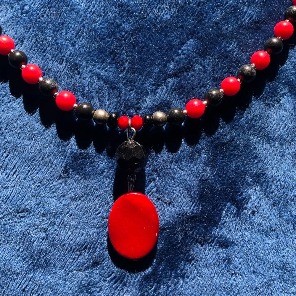 Handcrafted repurpose vintage red and black drop pendant beaded necklace